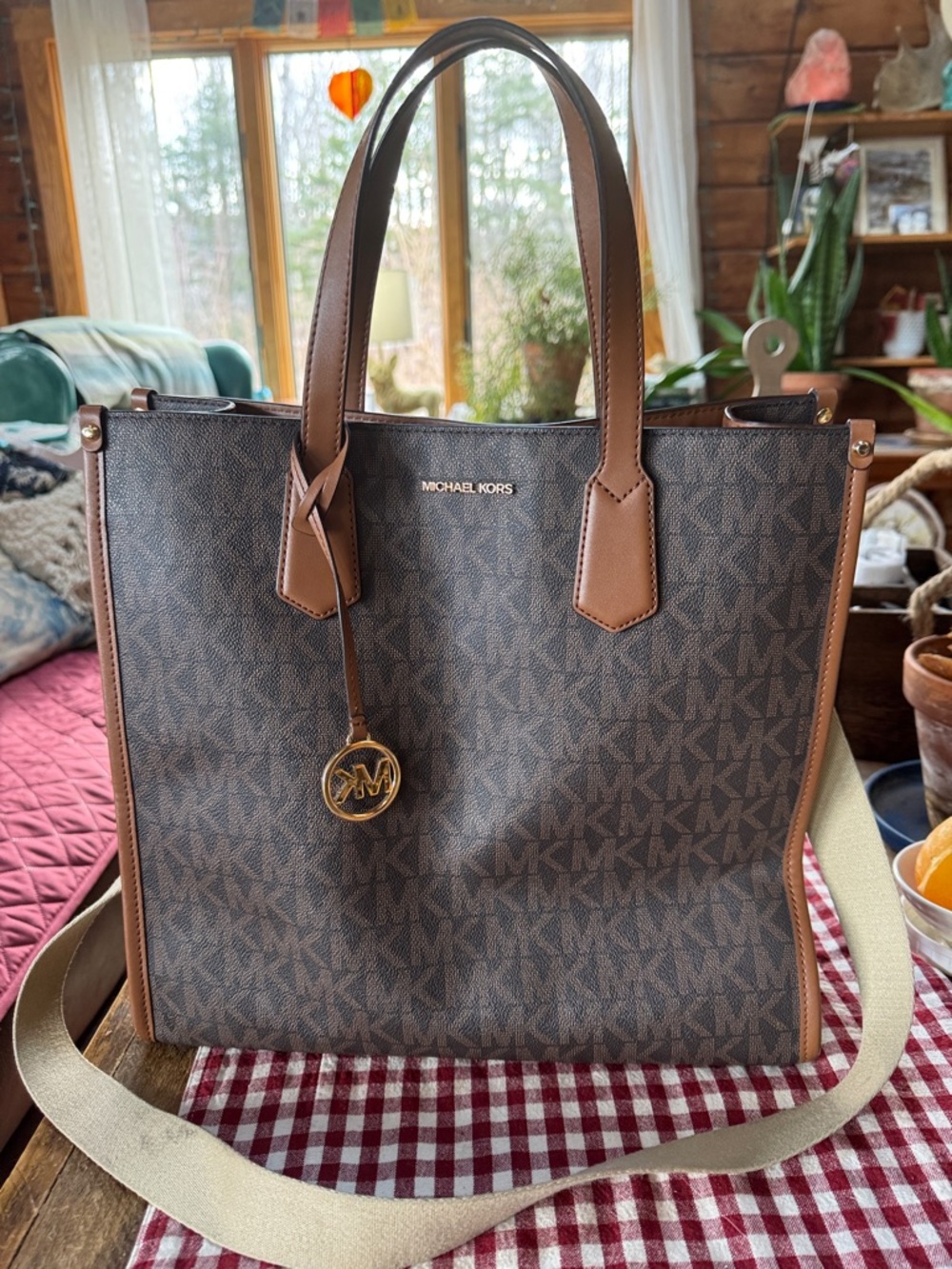 Michael Kors Brown and Tan MK Monogram Tote with Gold Accent